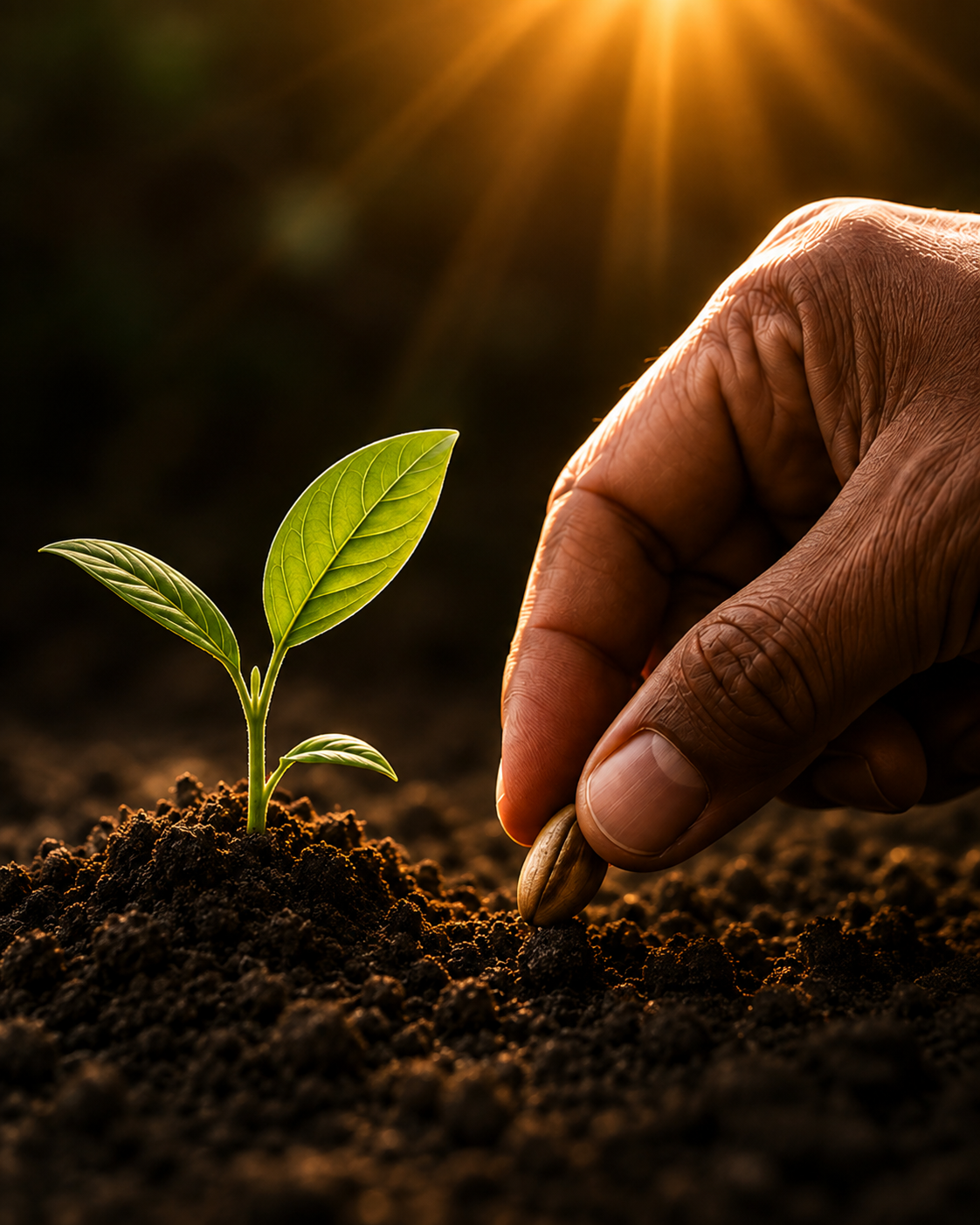 Hand planting a seed beside a growing plant
